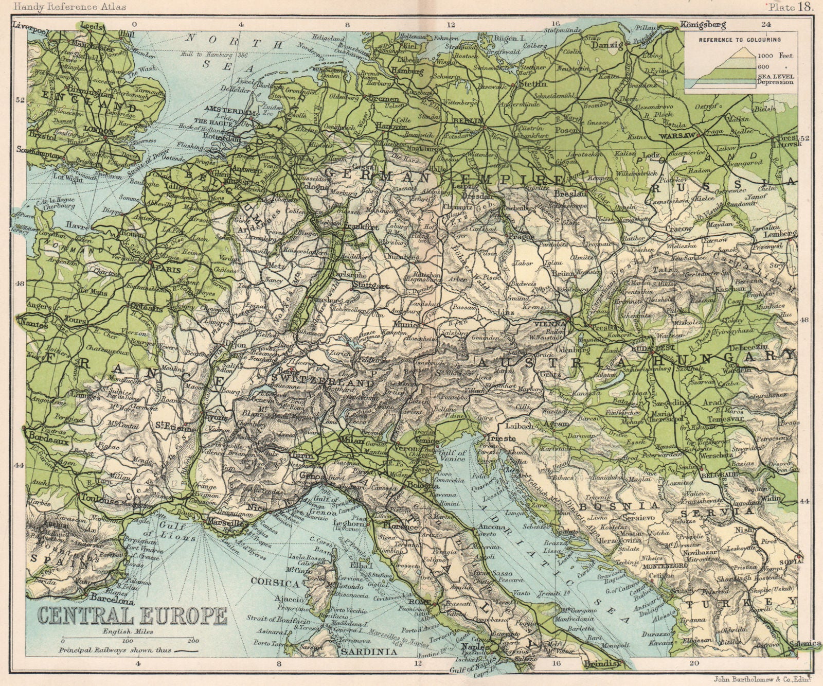 Central Europe ALPS. Northern European plain. Rhine Valley 1904 old map